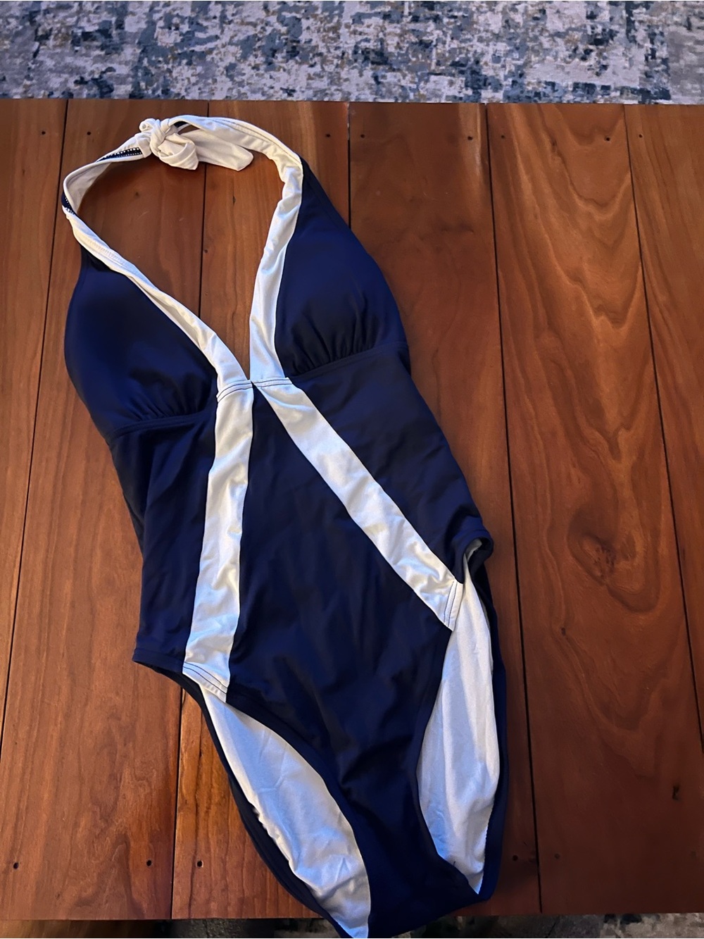 Navy and White Sexy One-Piece Halter Swimsuit by Vince Camuto—great condition!
